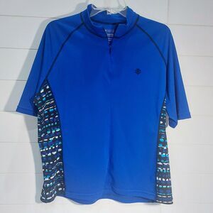 Coolibar Women's XL 1/4 Zip Short Sleeve Top Blue Multicolor Side Panel UPF 50+